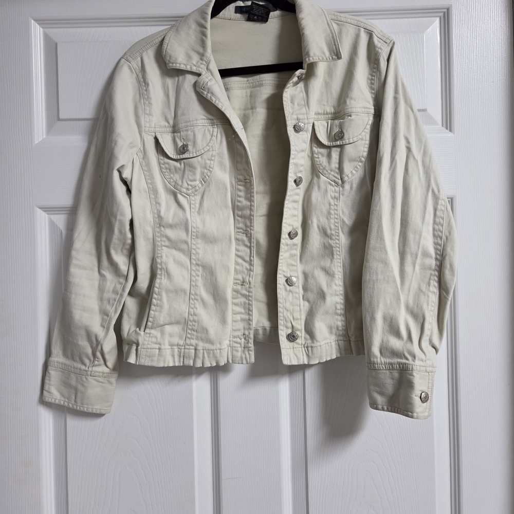 Women's French Cuff Cream Button Up Cropped Jacket Size L